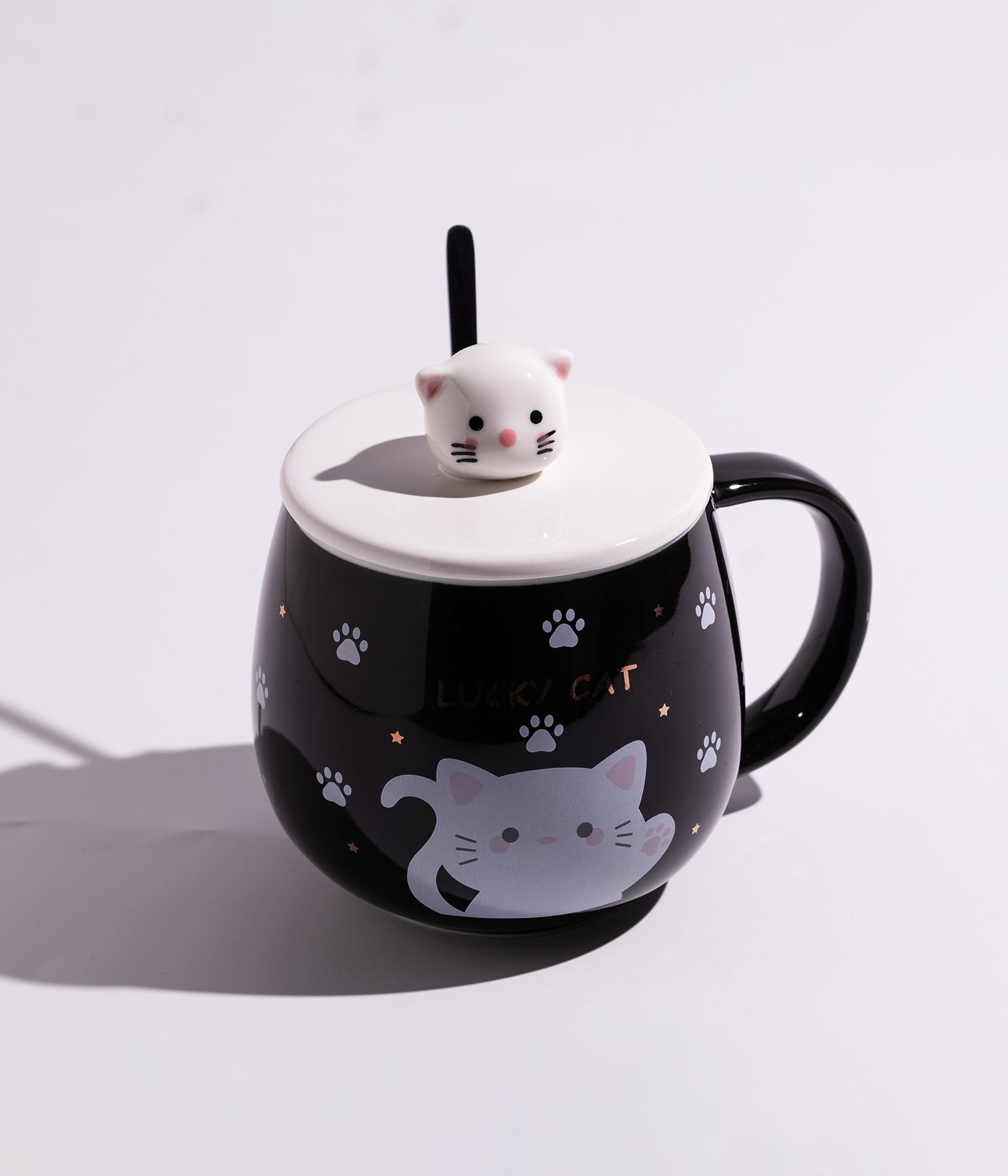 كوب سيراميك بتصاميم قطط مرحة مع غطاء برأس قطة وملعقة