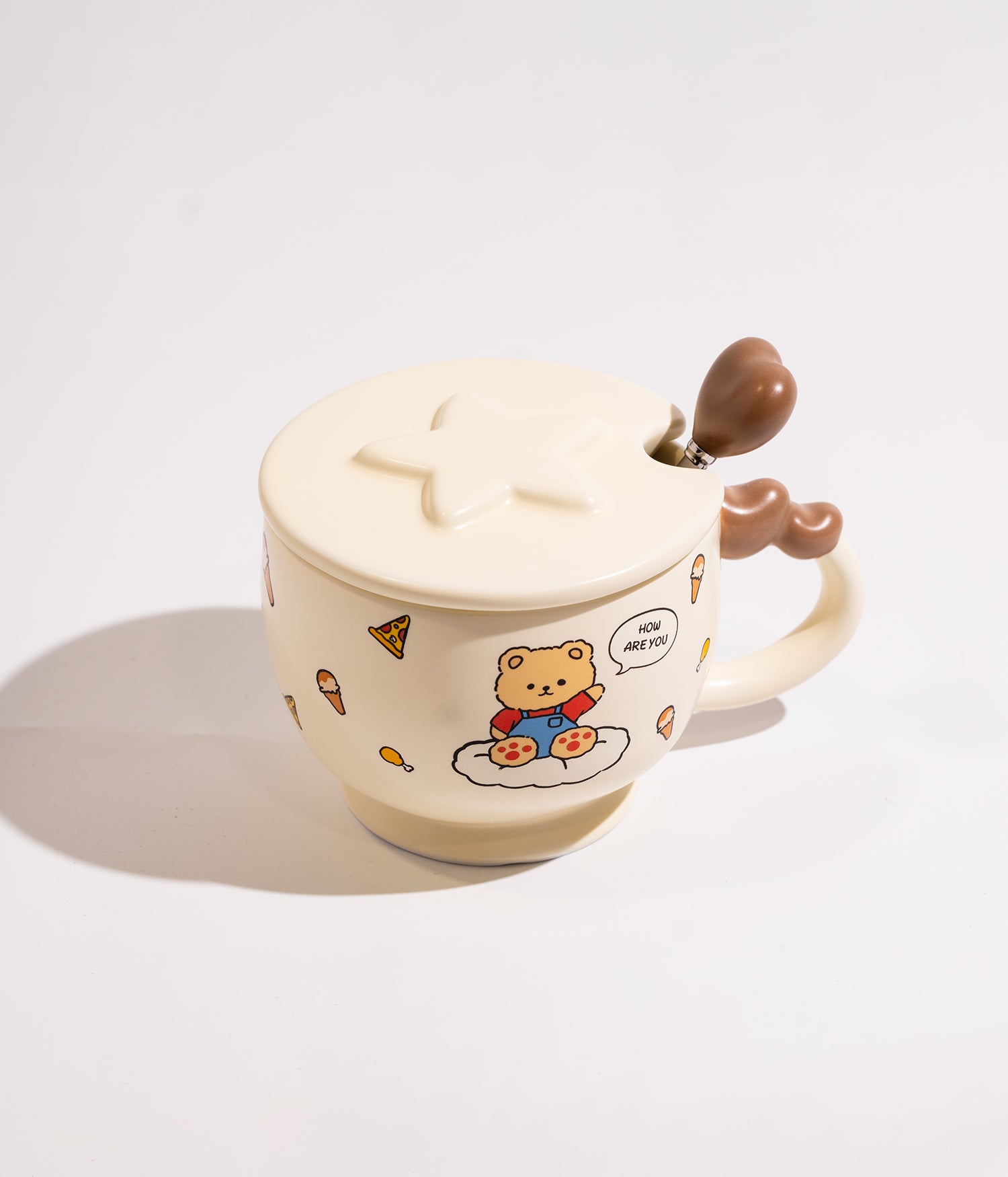 كوب سيراميك برسمة دب وارنب لطيف مع غطاء وملعقة
