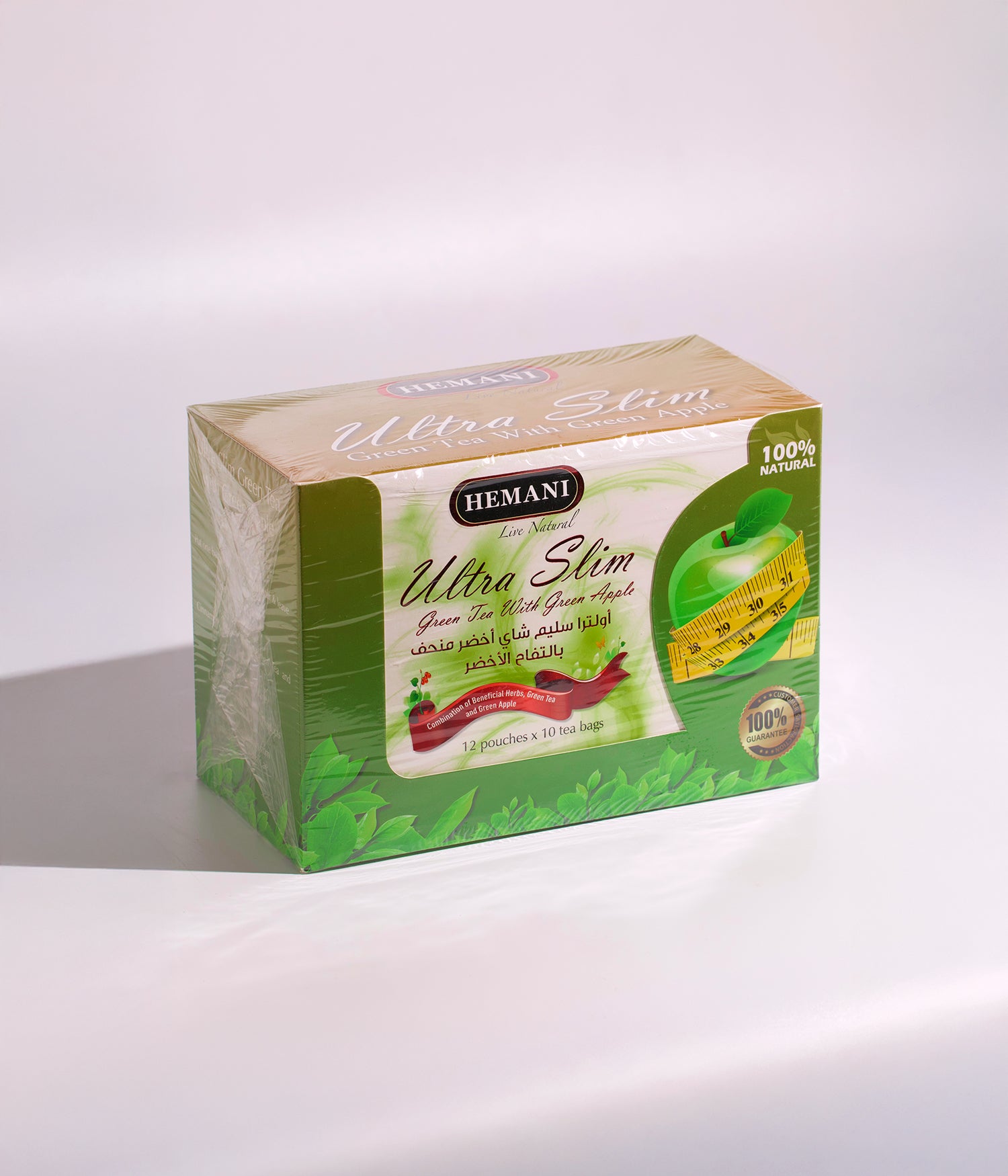 عبوة شاي أولترا سليم الأخضر المنحف بنكهة التفاح الأخضر من هيماني، 12 كيس