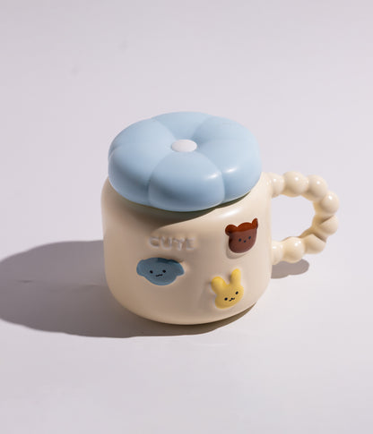 كوب سيراميك بتصميم مجسم دببة وارانب مع غطاء على شكل وردة لحفظ المشروبات