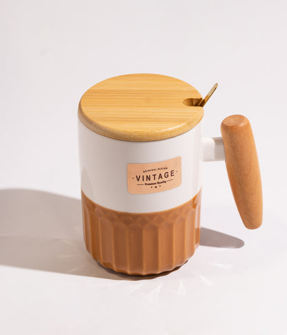 كوب قهوة سيراميك عملي وانيق بمقبض وغطاء خشبي مع وملعقة