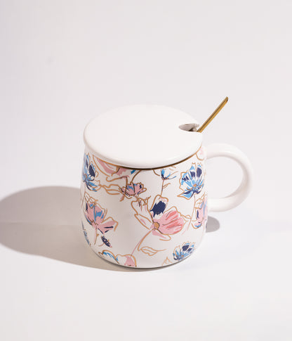 كوب سيراميك مزخرف بالورود الملونة مع ملعقة وغطاء لحفظ الحرارة