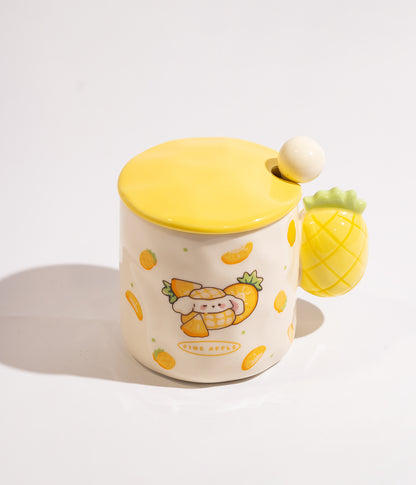 كوب سيراميك بتصميم مقبض على شكل فواكه مع غطاء وملعقة