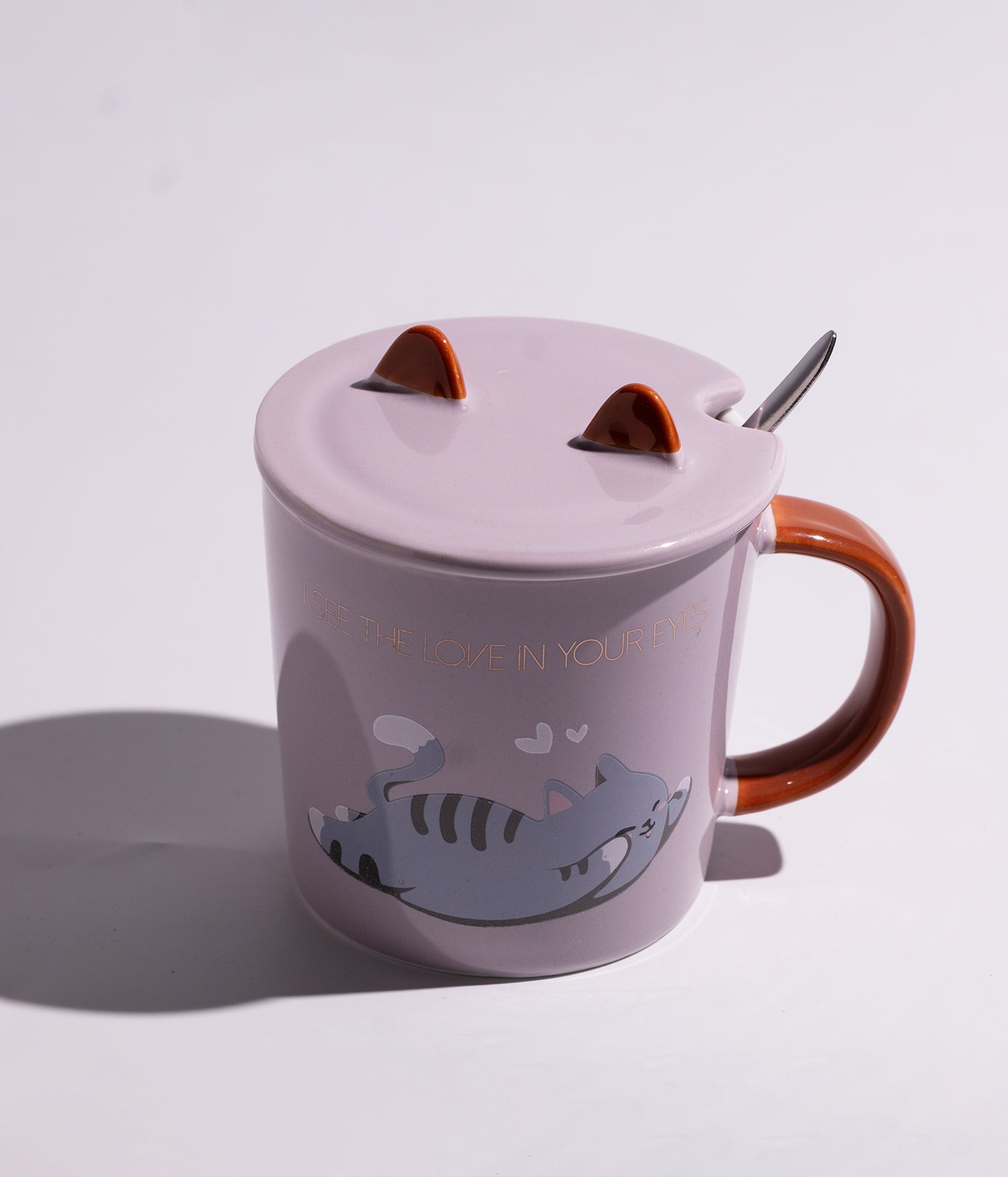 كوب سيراميك بتصميم القطة المرحة مع اغطاء بأذنين وملعقة