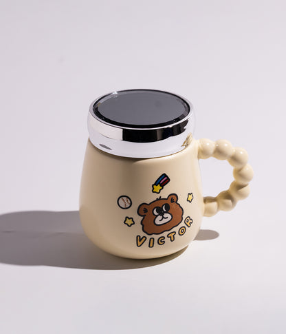 كوب سيراميك أصفر بتصميم الدب المرح مع غطاء محكم الاغلاق