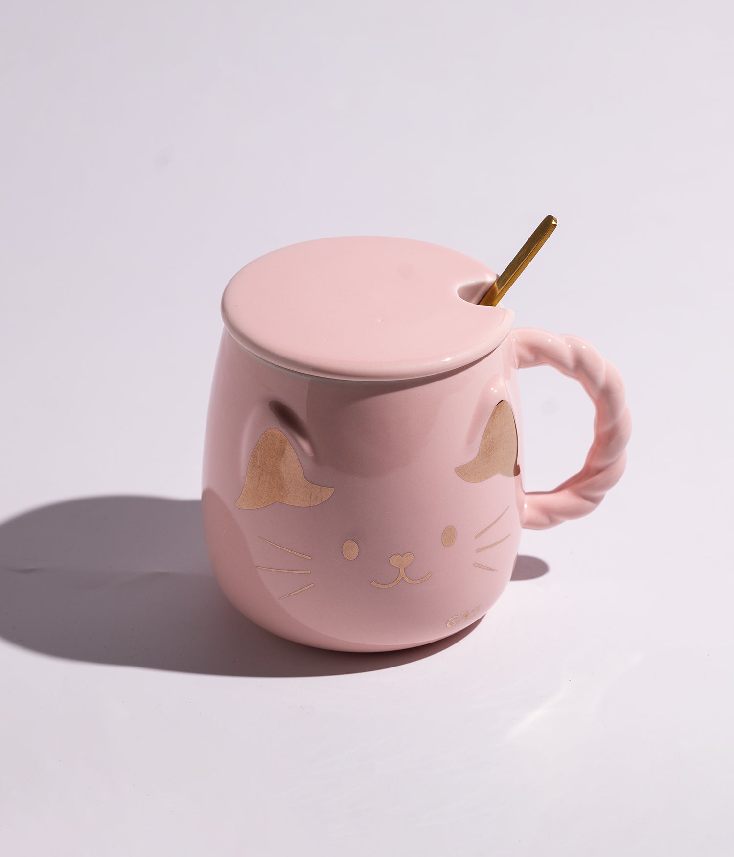 كوب سيراميك بتصميم وجه القطة الذهبي مع غطاء وملعقة