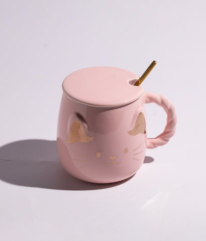 كوب سيراميك بتصميم وجه القطة الذهبي مع غطاء وملعقة