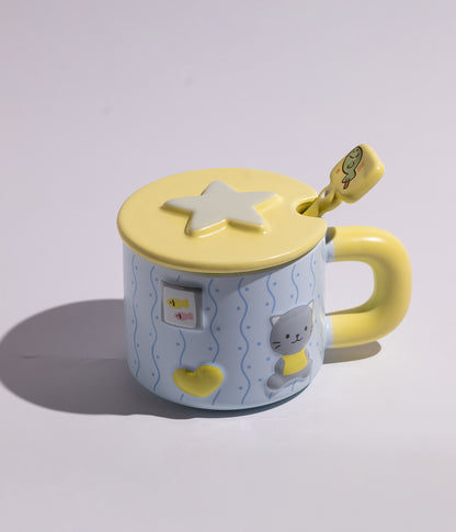 كوب قهوة سيراميك برسومات أرانب ملونة مع غطاء وملعقة