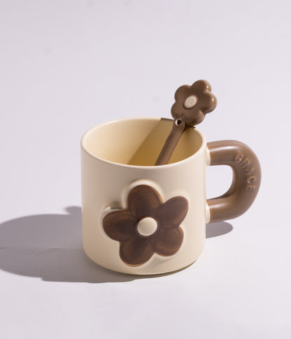 كوب سيراميك بتصميم وردة ملونة مع ملعقة