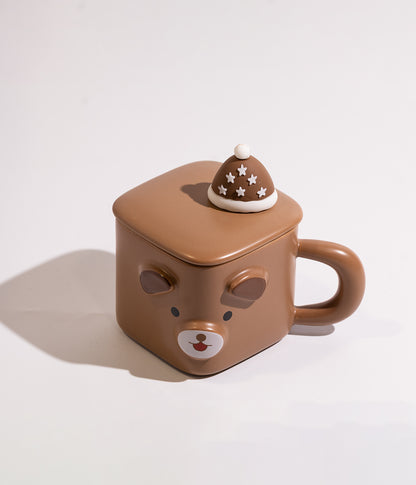 كوب قهوة سيراميك بتصميم دب وثعلب مع غطاء لحفظ الحرارة