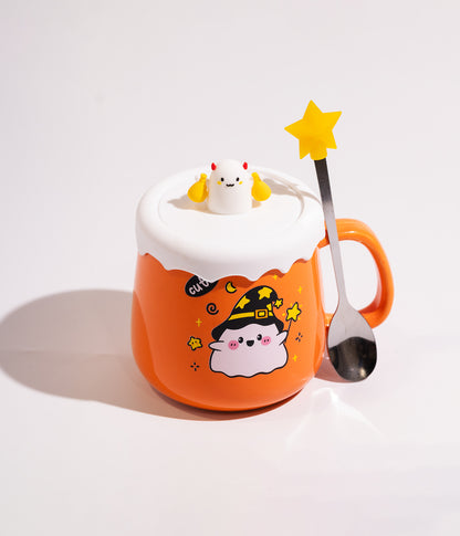 كوب سيراميك برتقالي بتصميم شبح الهالويين مع غطاء وملعقة