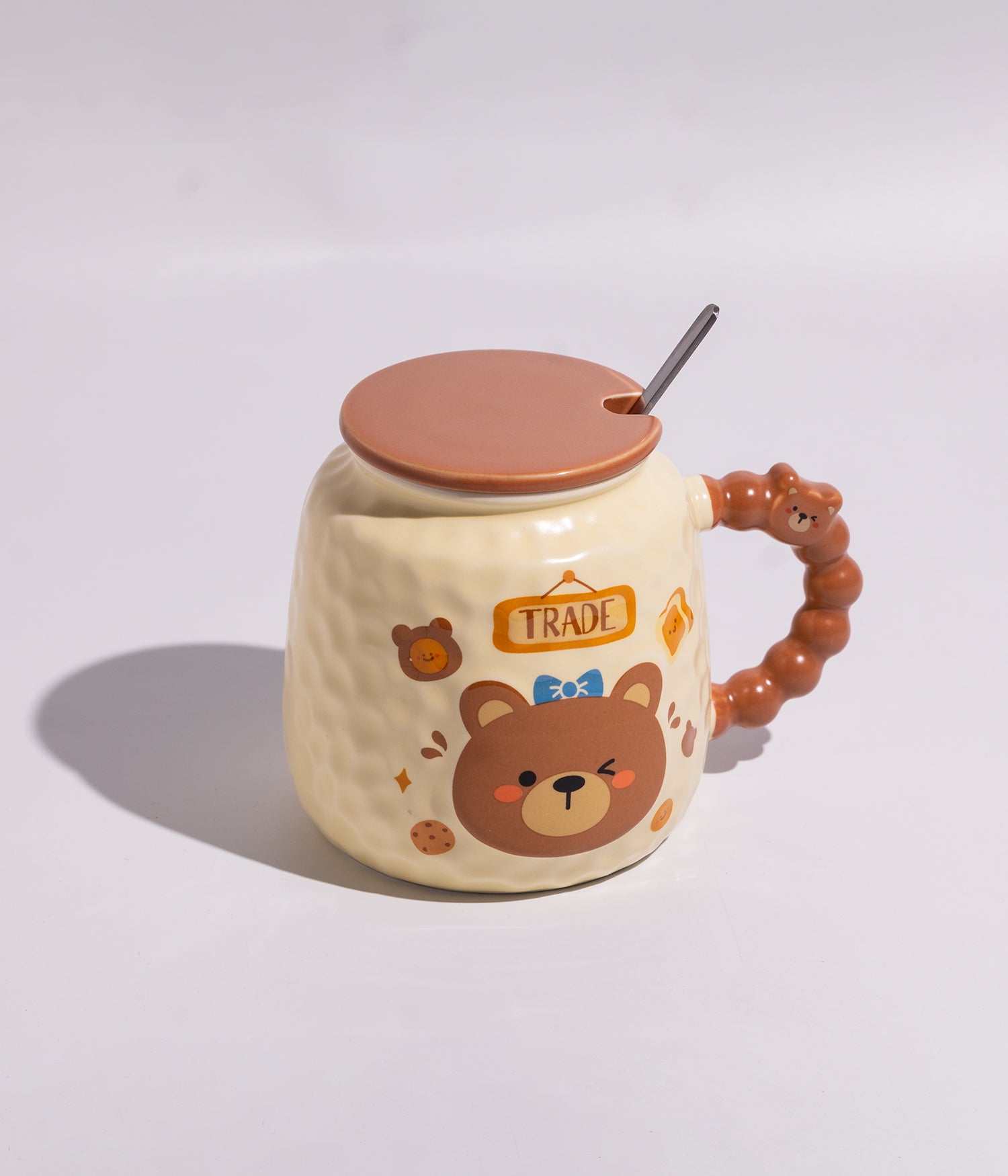 كوب قهوة سيراميك برسمة الدب والخبز مع ملعقة وغطاء