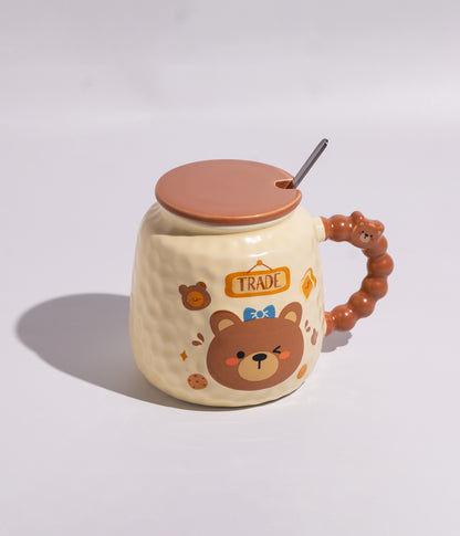 كوب قهوة سيراميك برسمة الدب والخبز مع ملعقة وغطاء