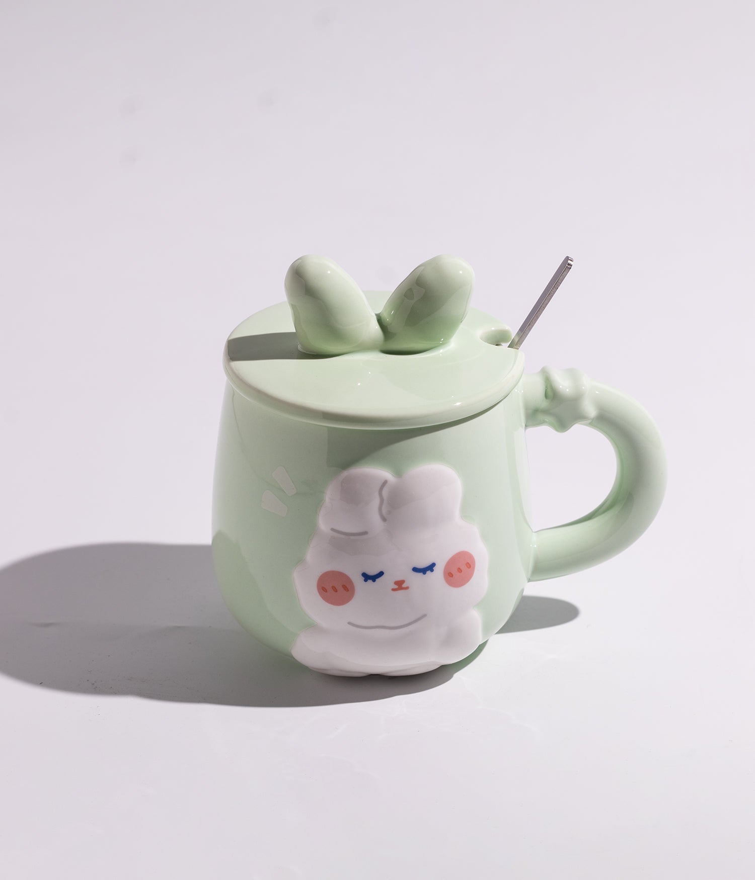 كوب سيراميك برسمة أرنب لطيف بغطاء مرح وملعقة
