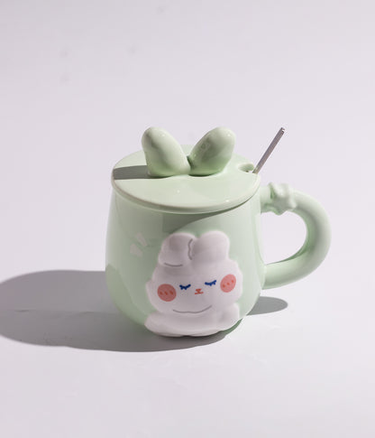كوب سيراميك برسمة أرنب لطيف بغطاء مرح وملعقة