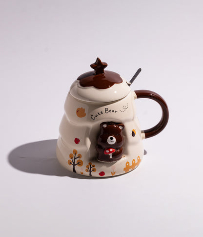 كوب سيراميك بتصميم مجسم دببة في الغابة مع غطاء وملعقة