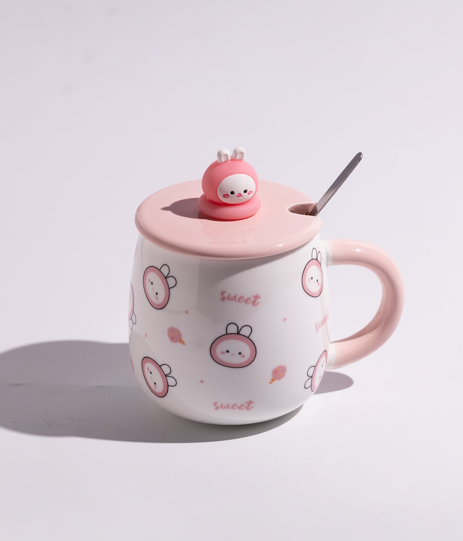 كوب سيراميك بتصميم مجسم أرنب على الغطاء مع ملعقة