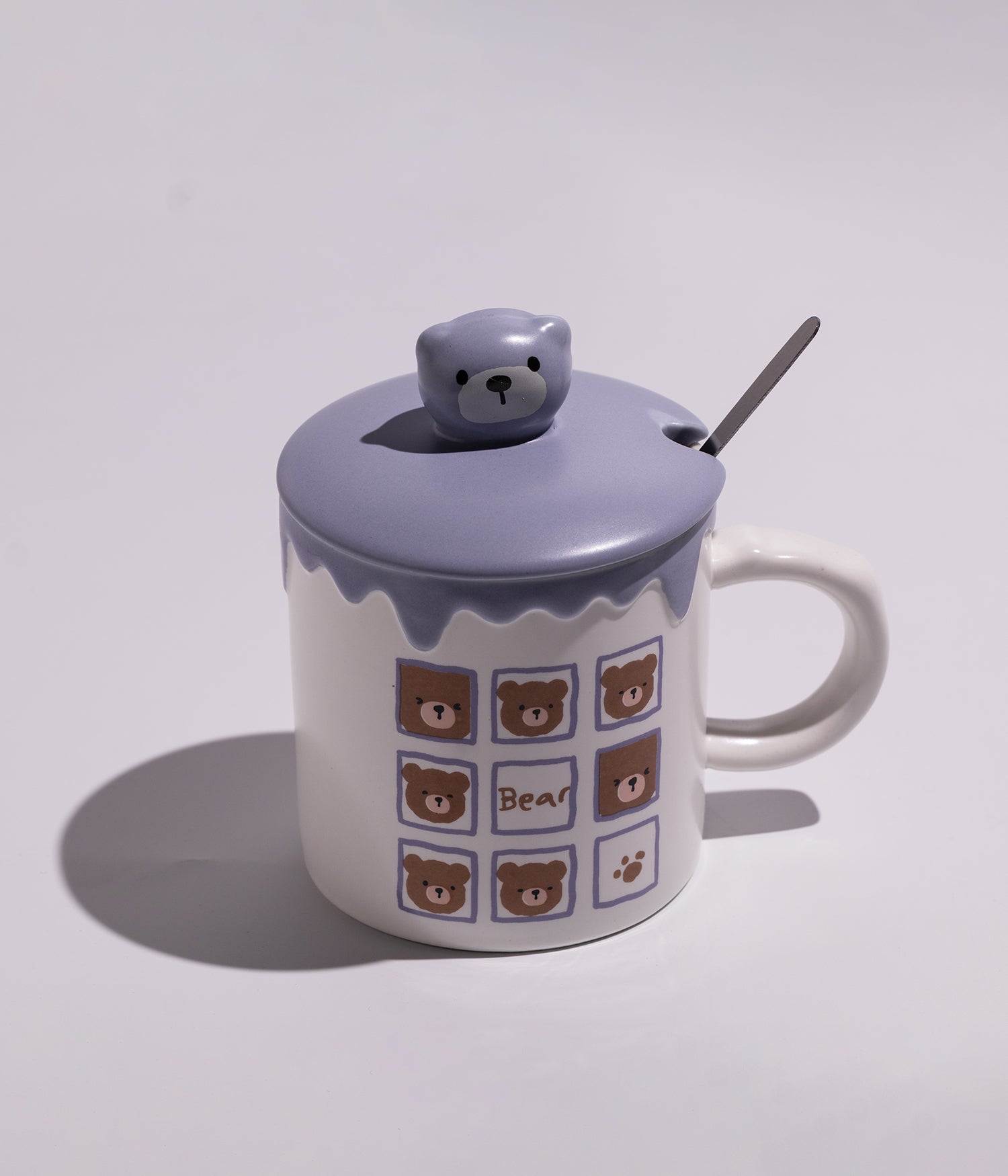 كوب سيراميك  برسومات دببة مرحة مع غطاء بمجسم دب وملعقة