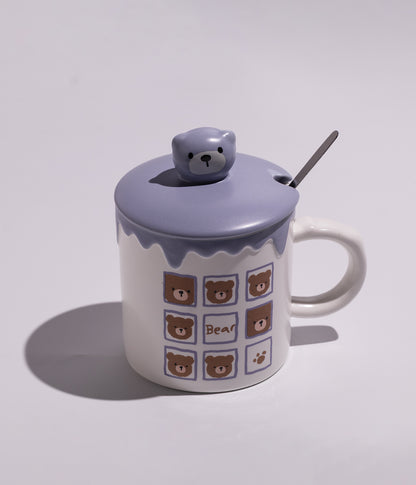كوب سيراميك  برسومات دببة مرحة مع غطاء بمجسم دب وملعقة