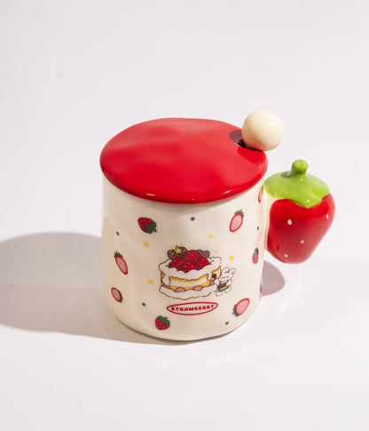كوب سيراميك بتصميم مقبض على شكل فواكه مع غطاء وملعقة