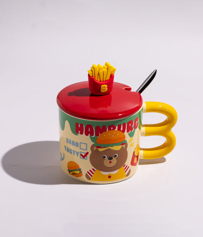 كوب سيراميك برسوم دباديب مزوّد بغطاء بمجسم بطاطا وملعقة
