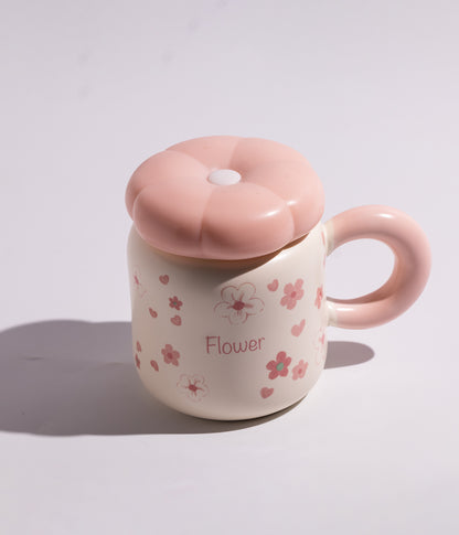 كوب سيراميك بتصميم ورود ملونة مع غطاء لحفظ المشروبات