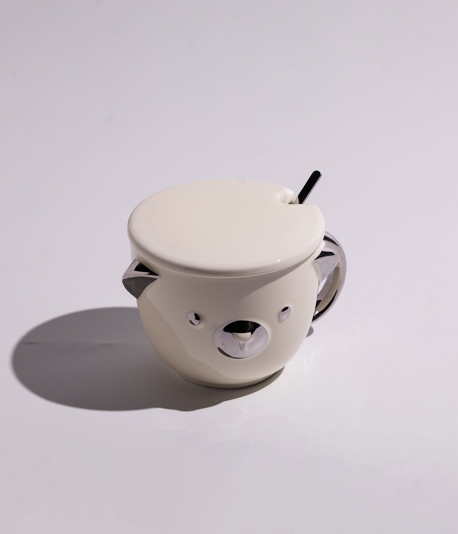 كوب سيراميك بتصميم وجه الدب مع غطاء وملعقة