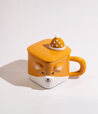 كوب قهوة سيراميك بتصميم دب وثعلب مع غطاء لحفظ الحرارة