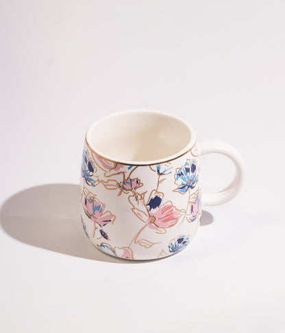 كوب سيراميك مزخرف بالورود الملونة مع ملعقة وغطاء لحفظ الحرارة