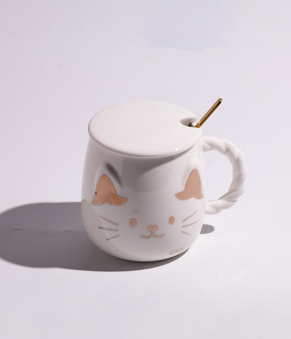 كوب سيراميك بتصميم وجه القطة الذهبي مع غطاء وملعقة