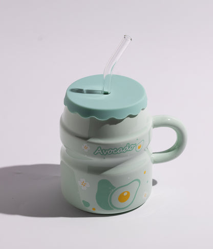 كوب سيراميك بتصميم فواكه مع غطاء ومزاز لسهولة الشرب