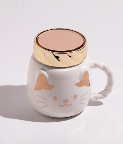 كوب سيراميك بتصميم وجه القطة الذهبية مع غطاء ذهبي محكم الاغلاق