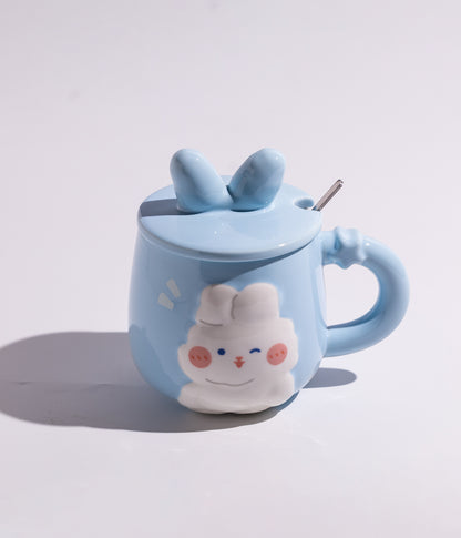 كوب سيراميك برسمة أرنب لطيف بغطاء مرح وملعقة