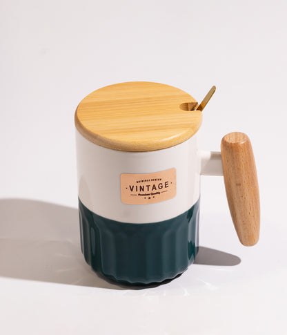 كوب قهوة سيراميك عملي وانيق بمقبض وغطاء خشبي مع وملعقة