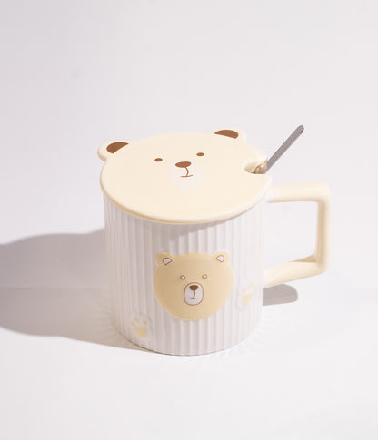 كوب سيراميك بتصميم وجه الدب ومخالبه مع غطاء وملعقة