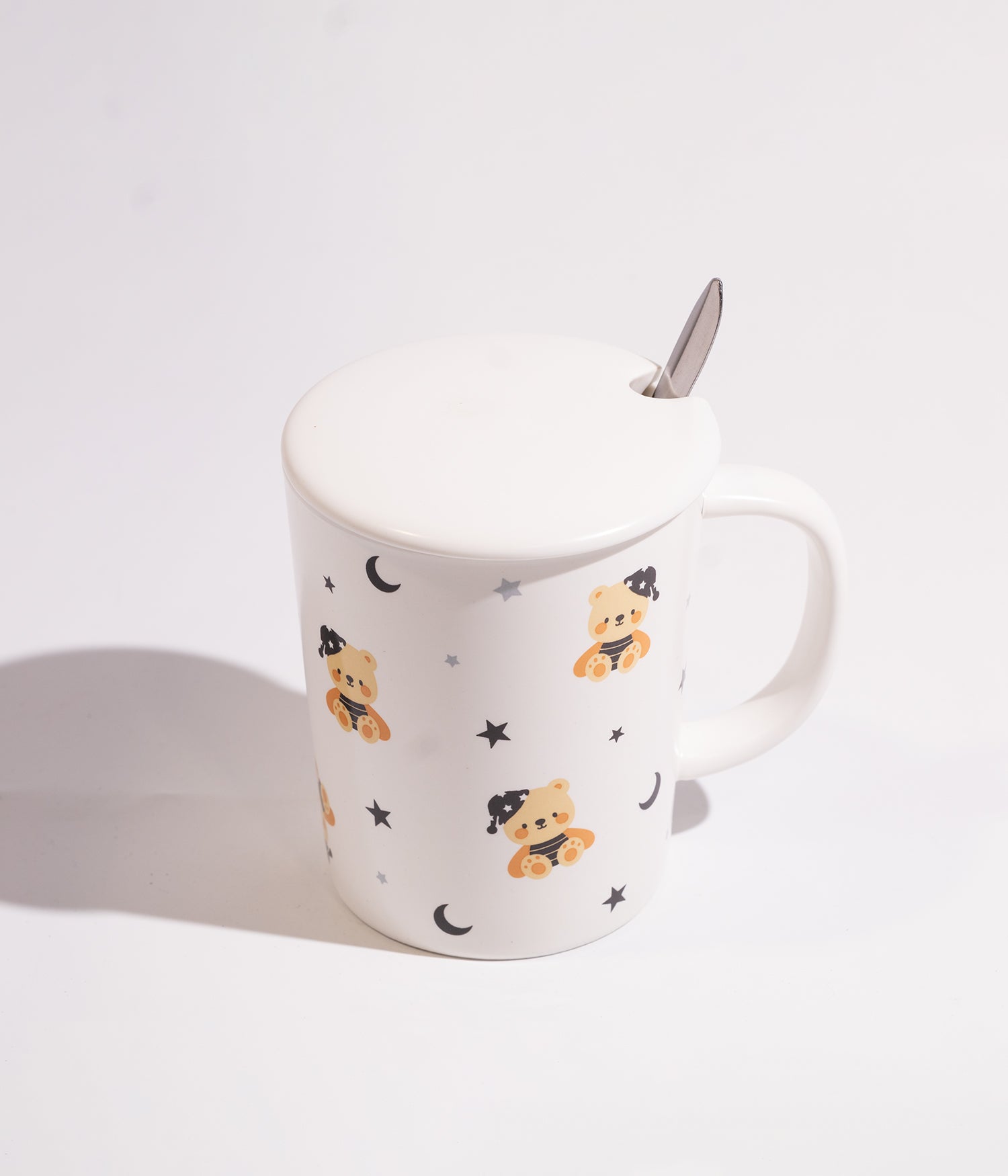 كوب سيراميك مزين بحيوانات الغابة مع غطاء وملعقة