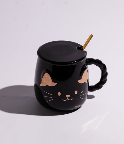 كوب سيراميك بتصميم وجه القطة الذهبي مع غطاء وملعقة