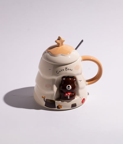 كوب سيراميك بتصميم مجسم دببة في الغابة مع غطاء وملعقة