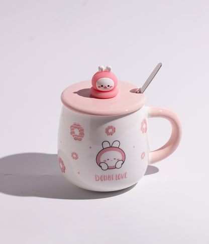كوب سيراميك بتصميم مجسم أرنب على الغطاء مع ملعقة