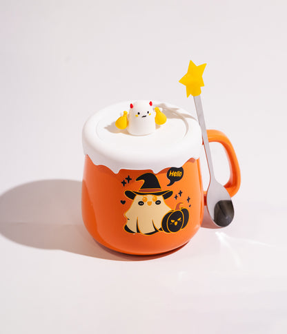 كوب سيراميك برتقالي بتصميم شبح الهالويين مع غطاء وملعقة