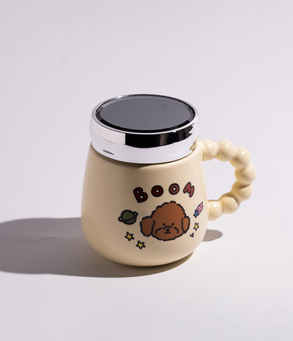 كوب سيراميك أصفر بتصميم الدب المرح مع غطاء محكم الاغلاق