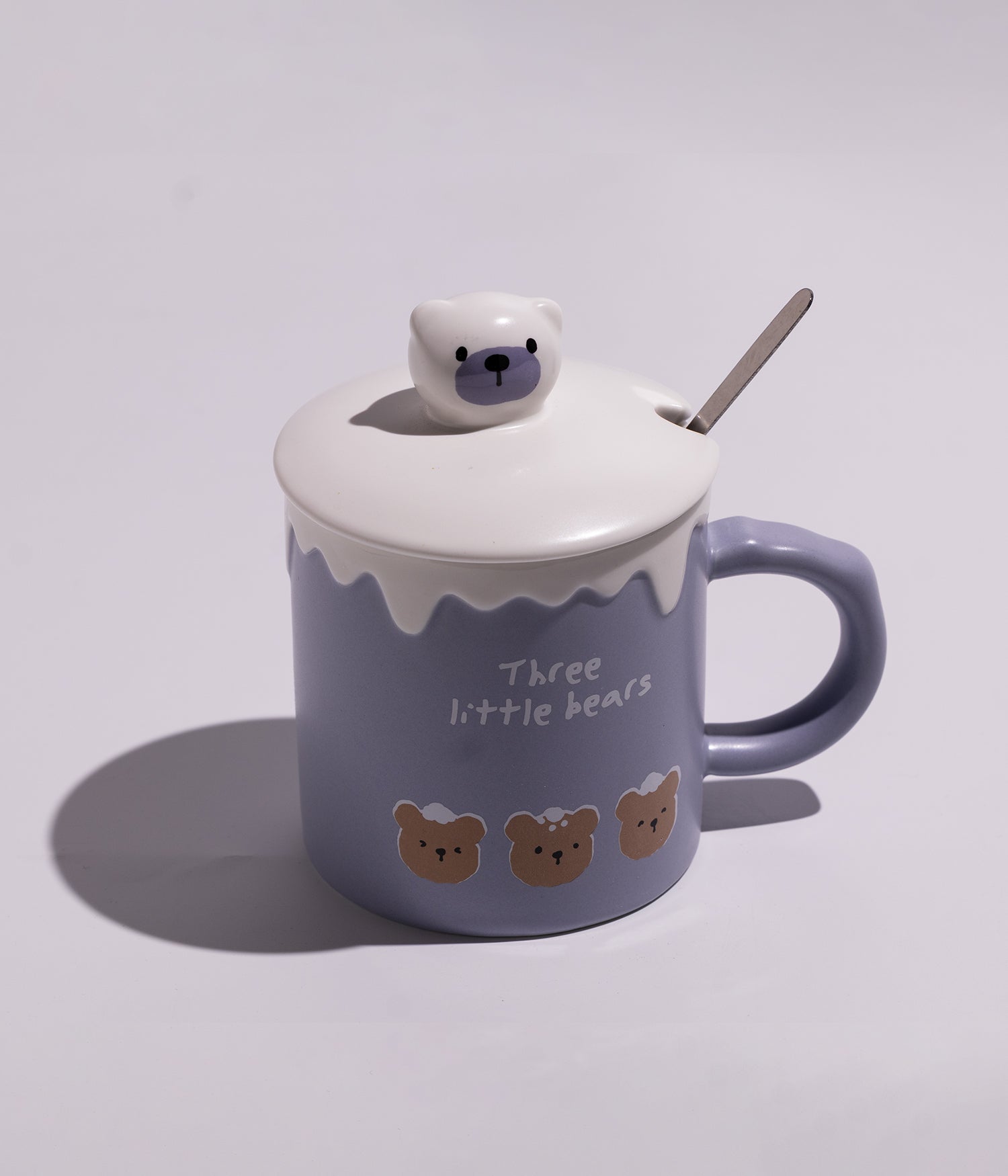 كوب سيراميك  برسومات دببة مرحة مع غطاء بمجسم دب وملعقة