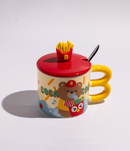 كوب سيراميك برسوم دباديب مزوّد بغطاء بمجسم بطاطا وملعقة