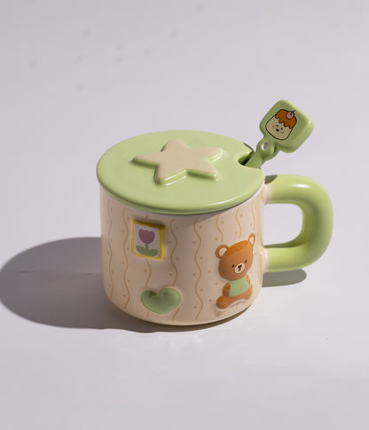كوب قهوة سيراميك برسومات أرانب ملونة مع غطاء وملعقة