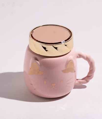 كوب سيراميك بتصميم وجه القطة الذهبية مع غطاء ذهبي محكم الاغلاق