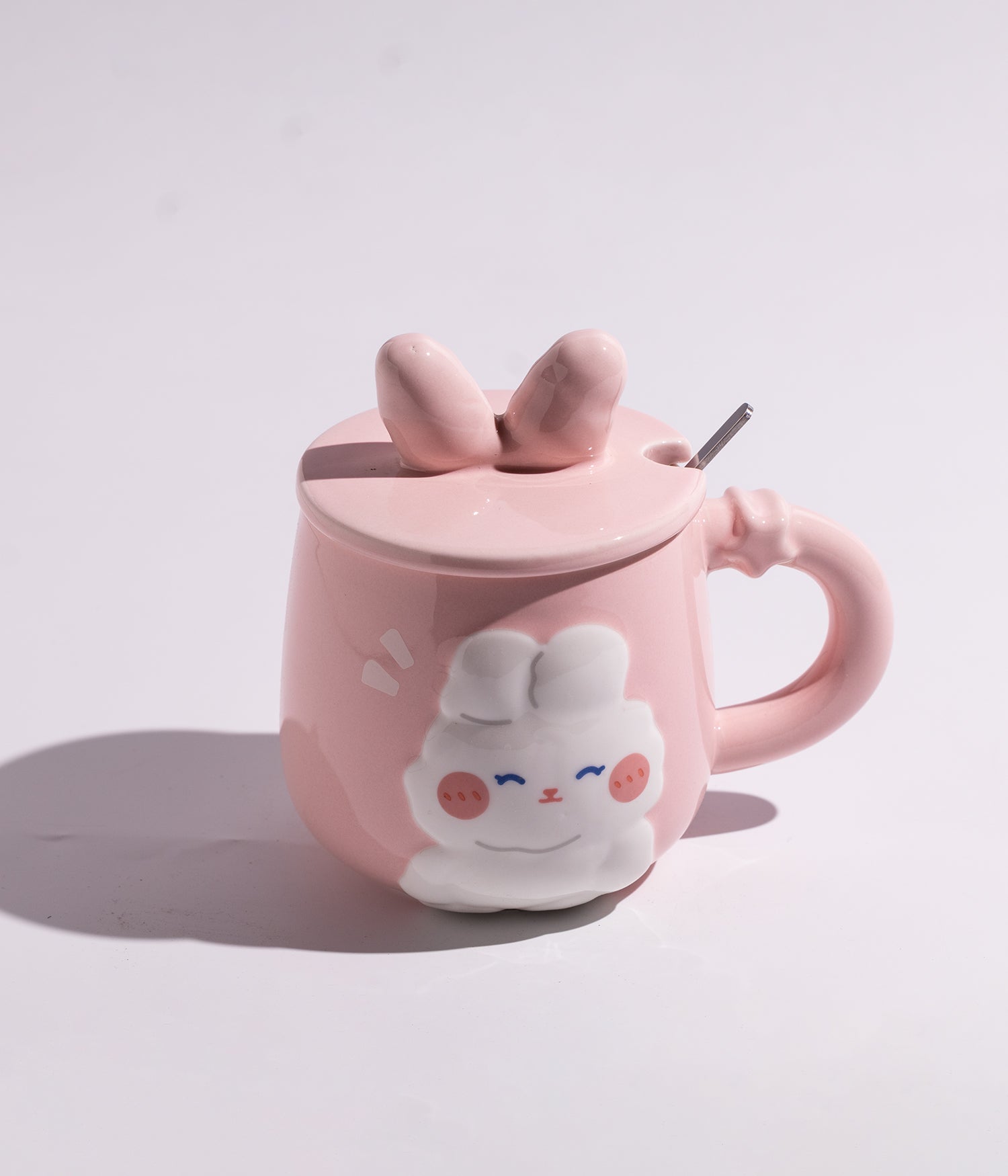 كوب سيراميك برسمة أرنب لطيف بغطاء مرح وملعقة