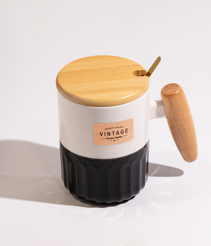 كوب قهوة سيراميك عملي وانيق بمقبض وغطاء خشبي مع وملعقة