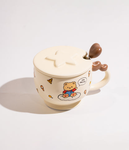كوب سيراميك برسمة دب وارنب لطيف مع غطاء وملعقة