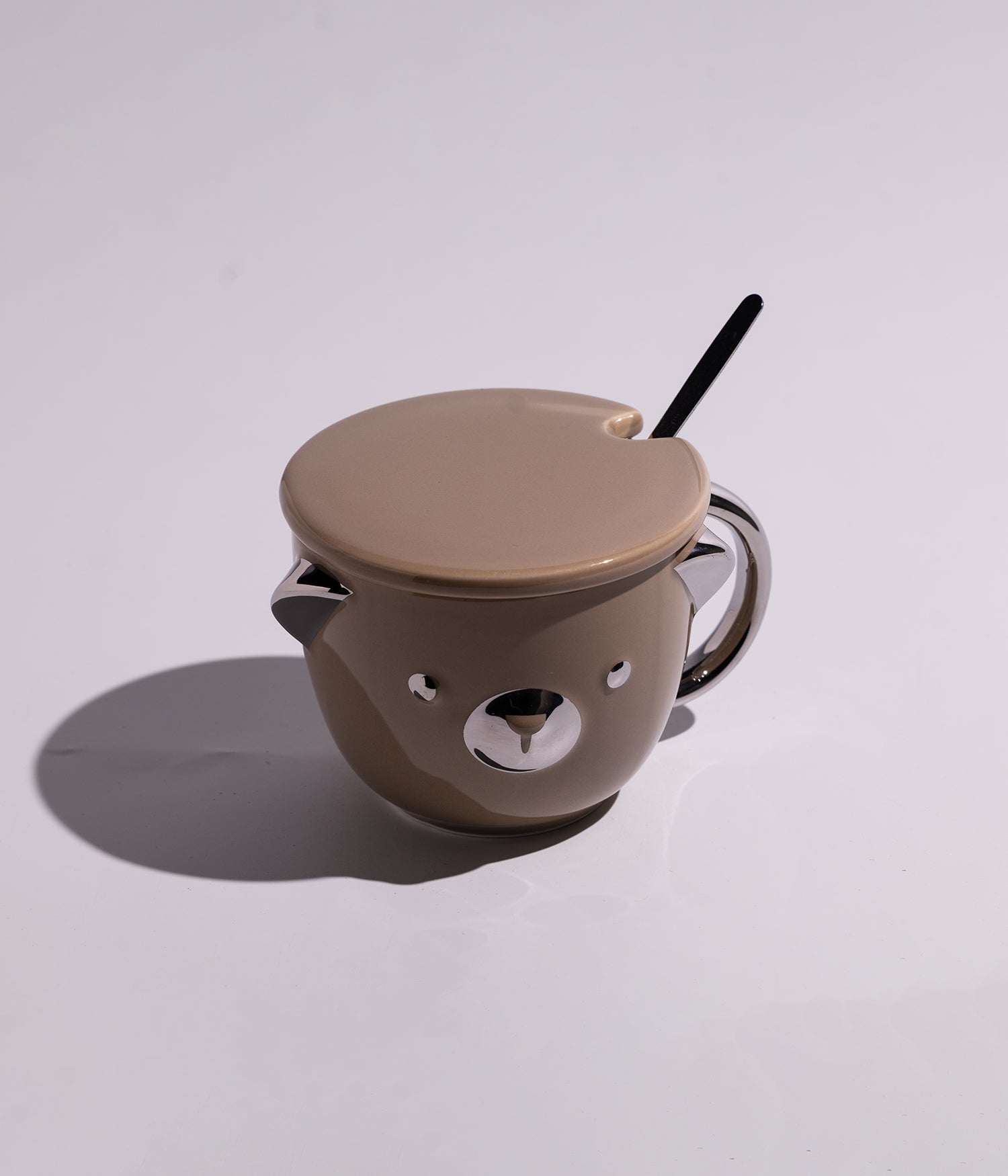 كوب سيراميك بتصميم وجه الدب مع غطاء وملعقة