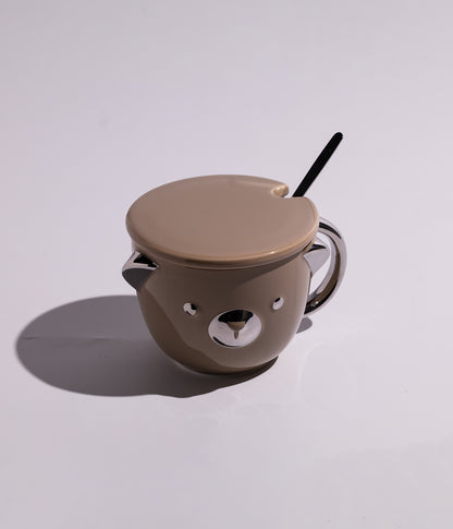 كوب سيراميك بتصميم وجه الدب مع غطاء وملعقة